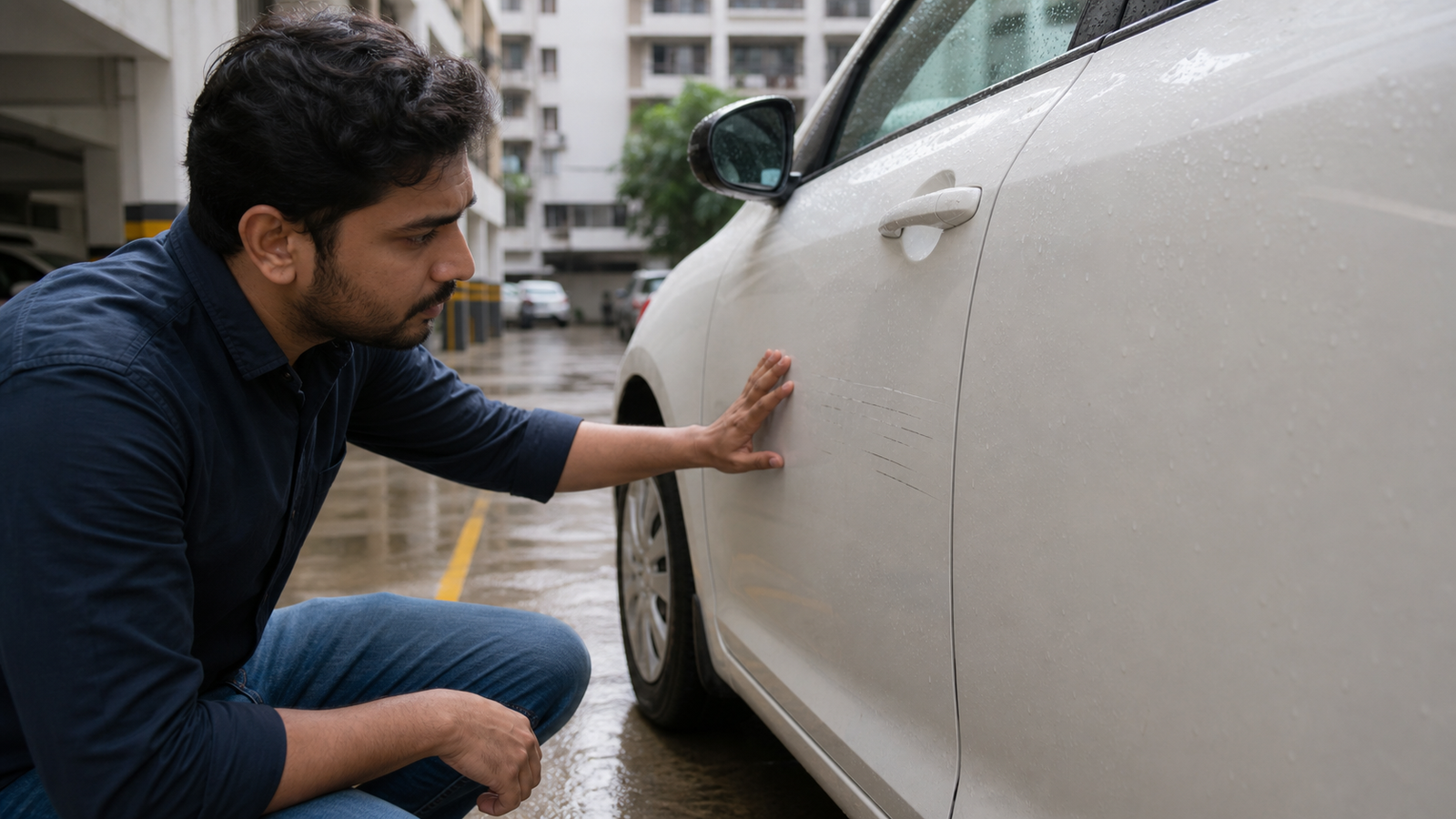 Car owner checking light scratches after rain