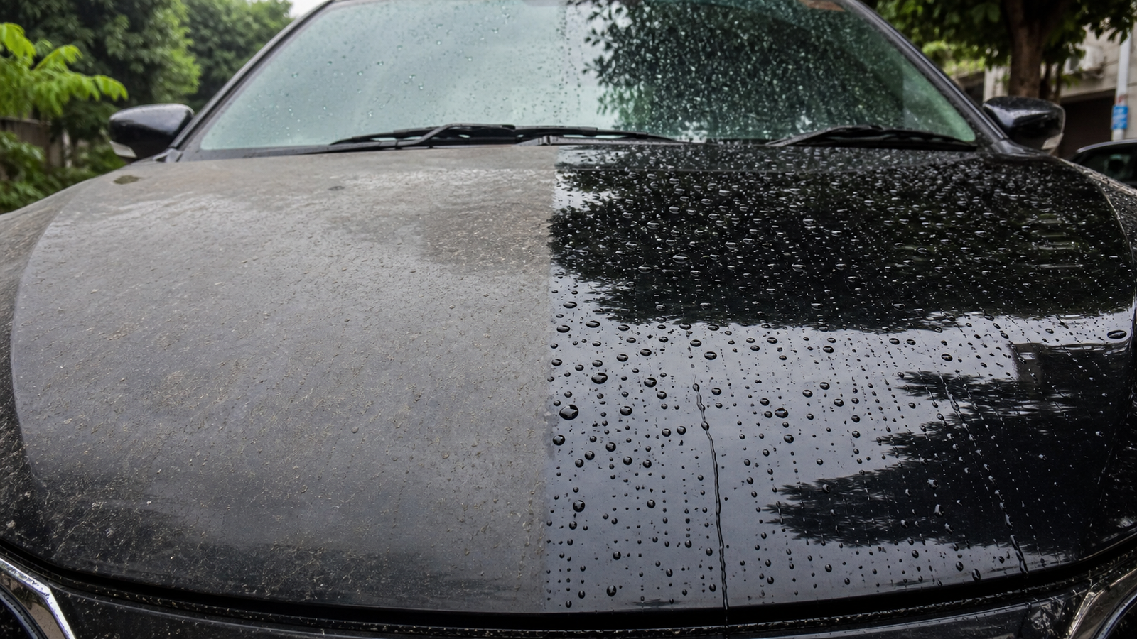 Car hood showing dull area and water beading area
